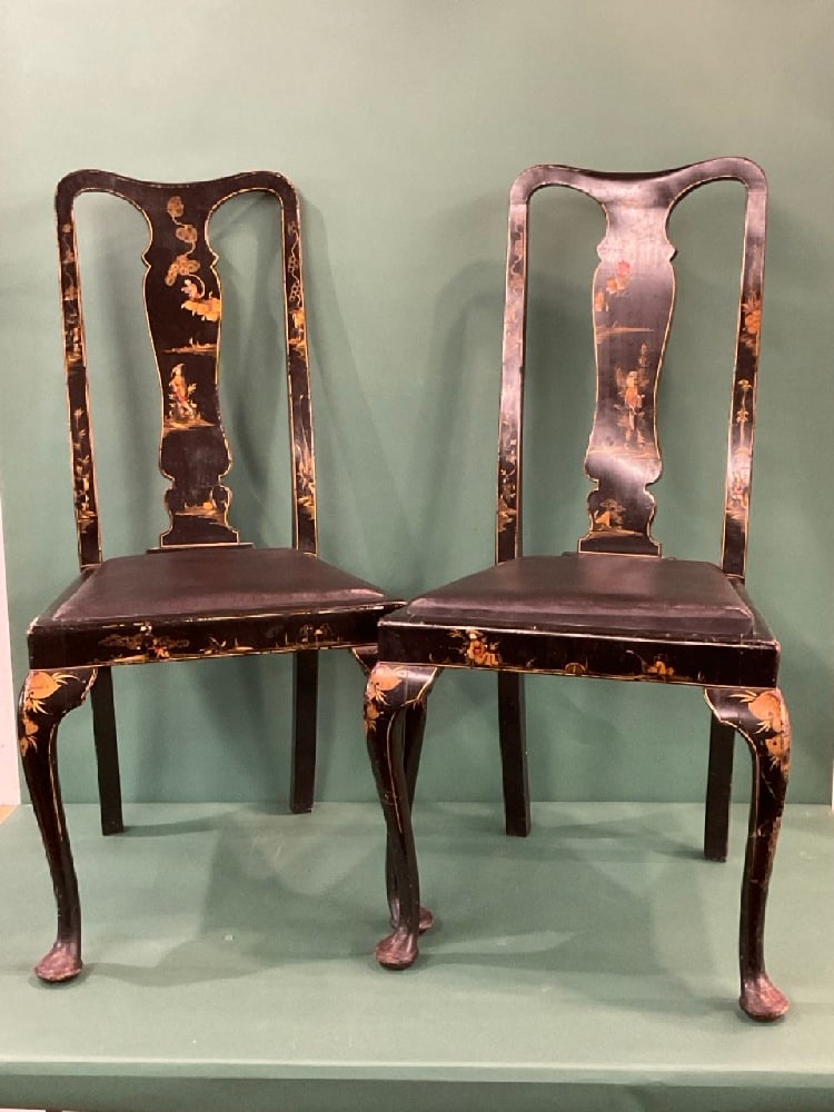 A Pair, Queen Anne Style Black Lacquered Chinoiserie Chairs: A Pair, Queen Anne Style Black Lacquered Chinoiserie Chairs Condition: Some paint loss on both chairs, Please see photograph preview. Dimensions: 40 1/2” x 18 1/2” x 17”