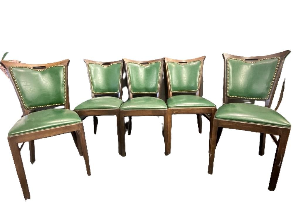 (5) ZPM Radmonsko Chairs from Harvey's Chelsea House NYC: (5) ZPM Radmonsko Chairs from Harvey's Chelsea House NYC. Green upholstery with studded trim. Dimensions: 36” x 18 1/2” x 22 1/2” .