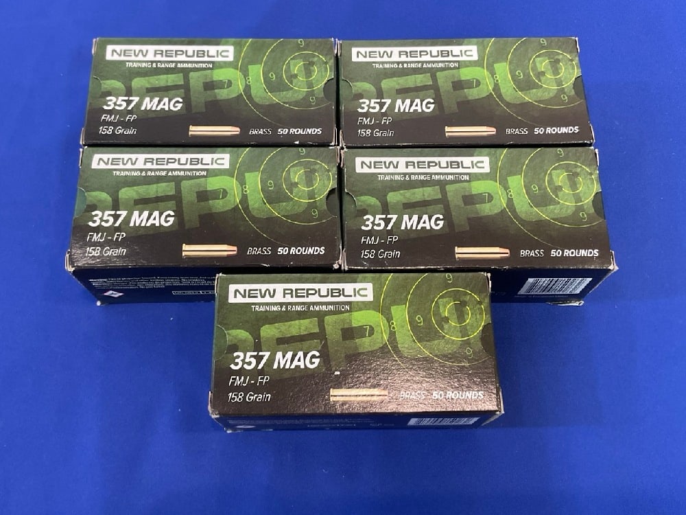 250 Rounds .357 MAG FMJ-FP 158 Grain Brass Case New Republic: 250 Rounds .357 MAG FMJ-FP 158 Grain Brass Case New Republic. Ammunition.