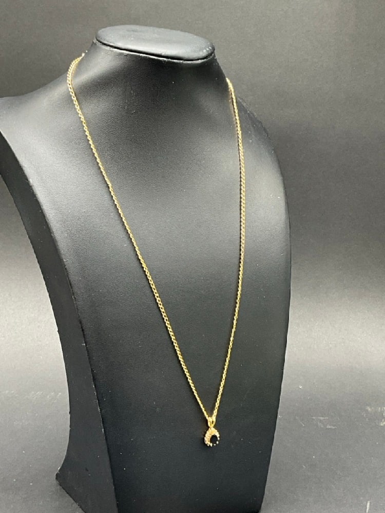 14K Yellow Gold Diamond and Blue Sapphire Necklace: 14K Yellow Gold Diamond and Blue Sapphire Necklace Dimensions: 20” LTotal weight: 4.8 grams