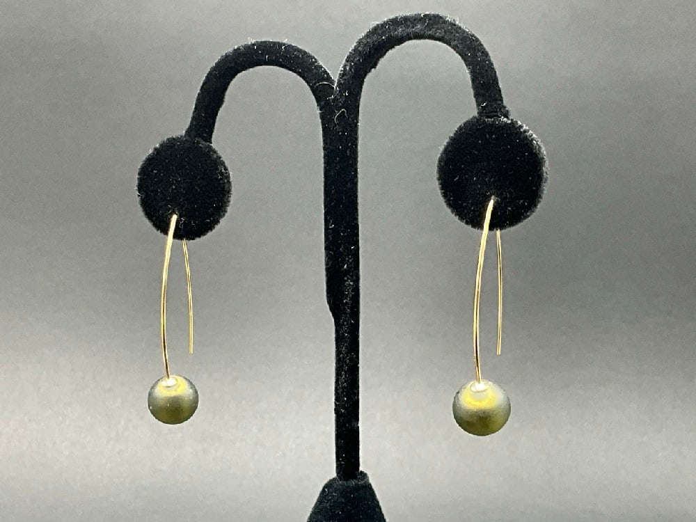 14K Contemporary Glass Bead Drop Earrings: 14K Contemporary Glass Bead Drop Earrings. Dimensions: 2” x 3/4” Total weight: 5.3 grams.
