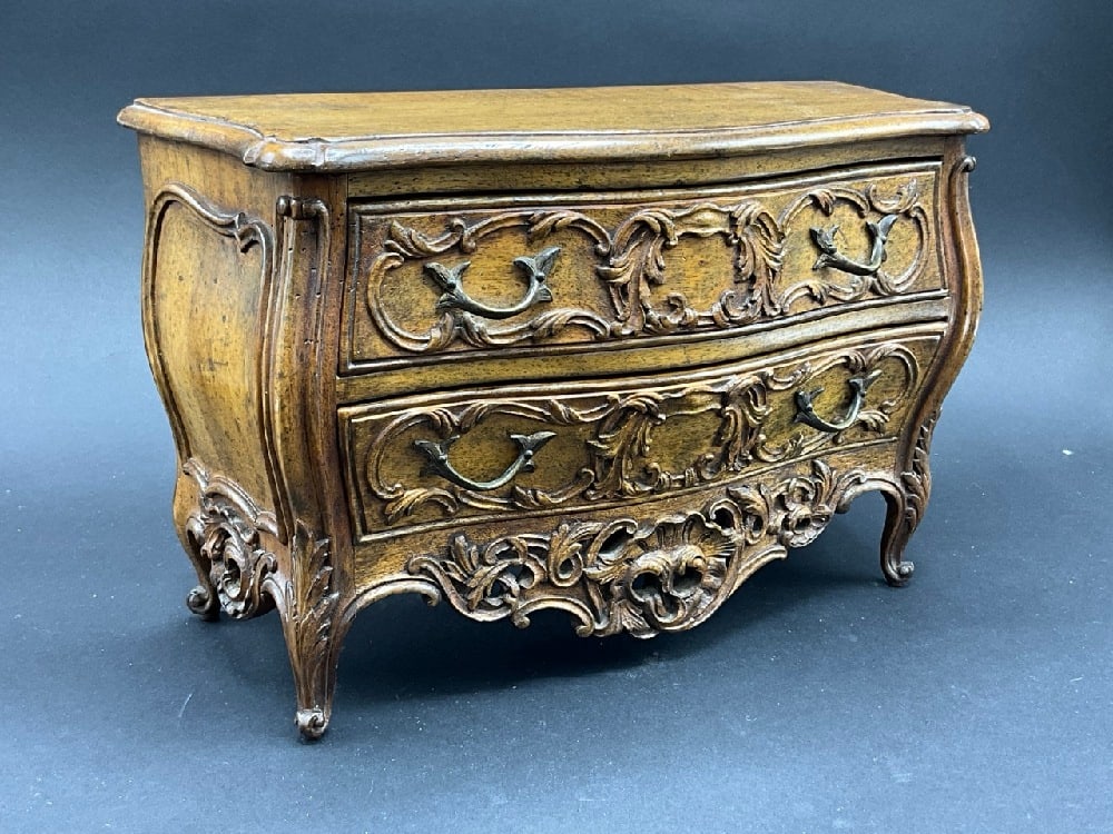 Italian Miniature Bombe Two Drawer Jewelry Chest: Italian Miniature Bombe Two Drawer Jewelry Chest. Dimensions: 8” x 11 1/2” x 5”