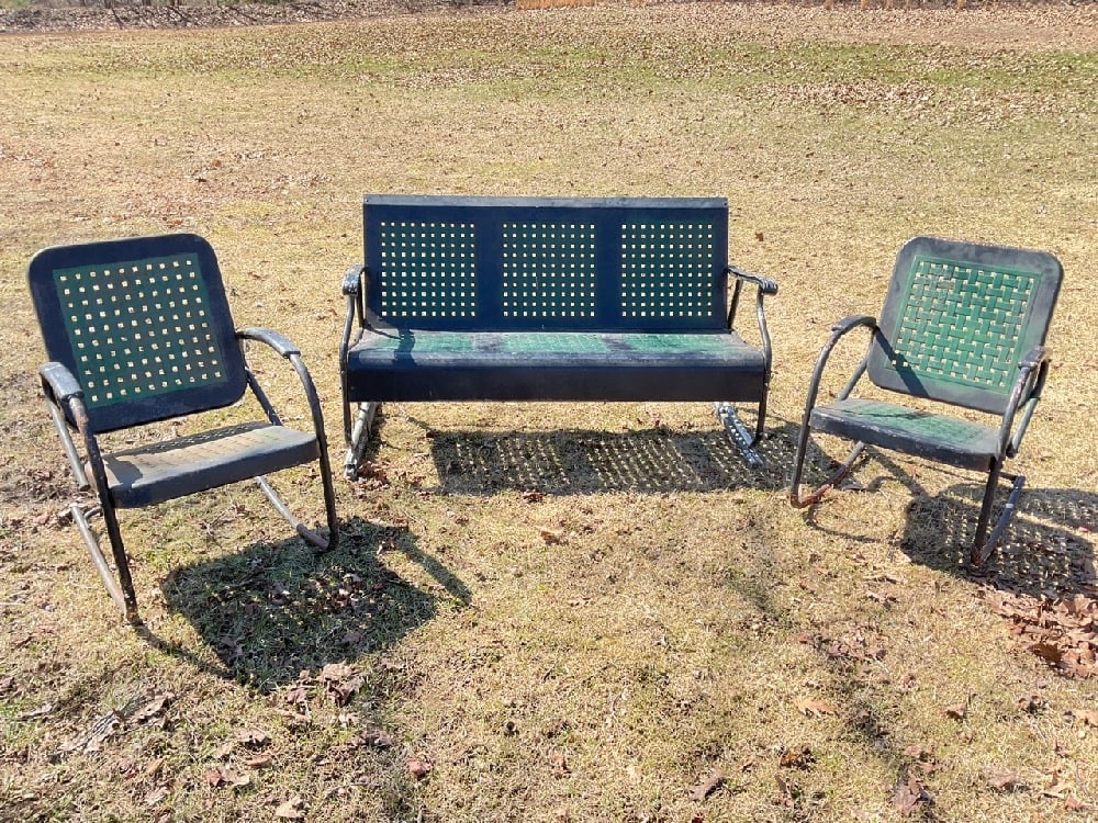 Vintage Outdoor Sofa and Rockers: Vintage Metal Outdoor Sofa and Rockers. Condition: The bench needs work on the tracking in order to rock back and forth. Dimensions: Bench - 32” x 56 1/2” x 28” Chairs - 30 1/2&rdquo