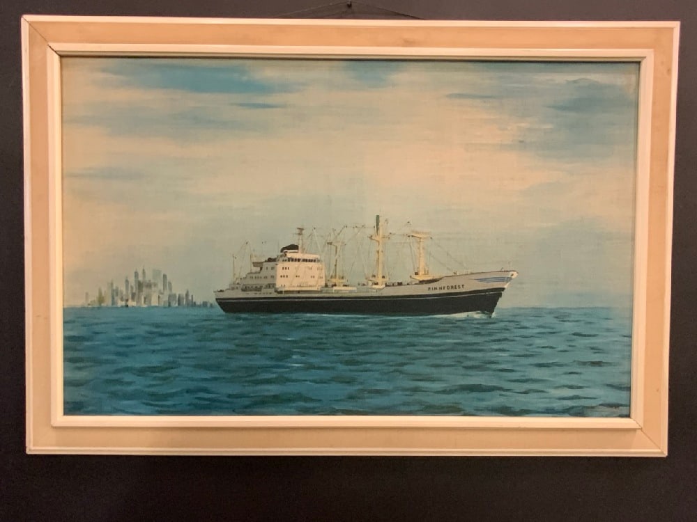 1960's Maritime Cargo Ship FINNFOREST Canvas Print with NYC Skyline.Good Condition, Please See: 1960's Maritime Cargo Ship FINNFOREST Canvas Print with NYC Skyline.Good Condition, Please See Photographs Preview Dimensions: Frame 45” W x 31”H
