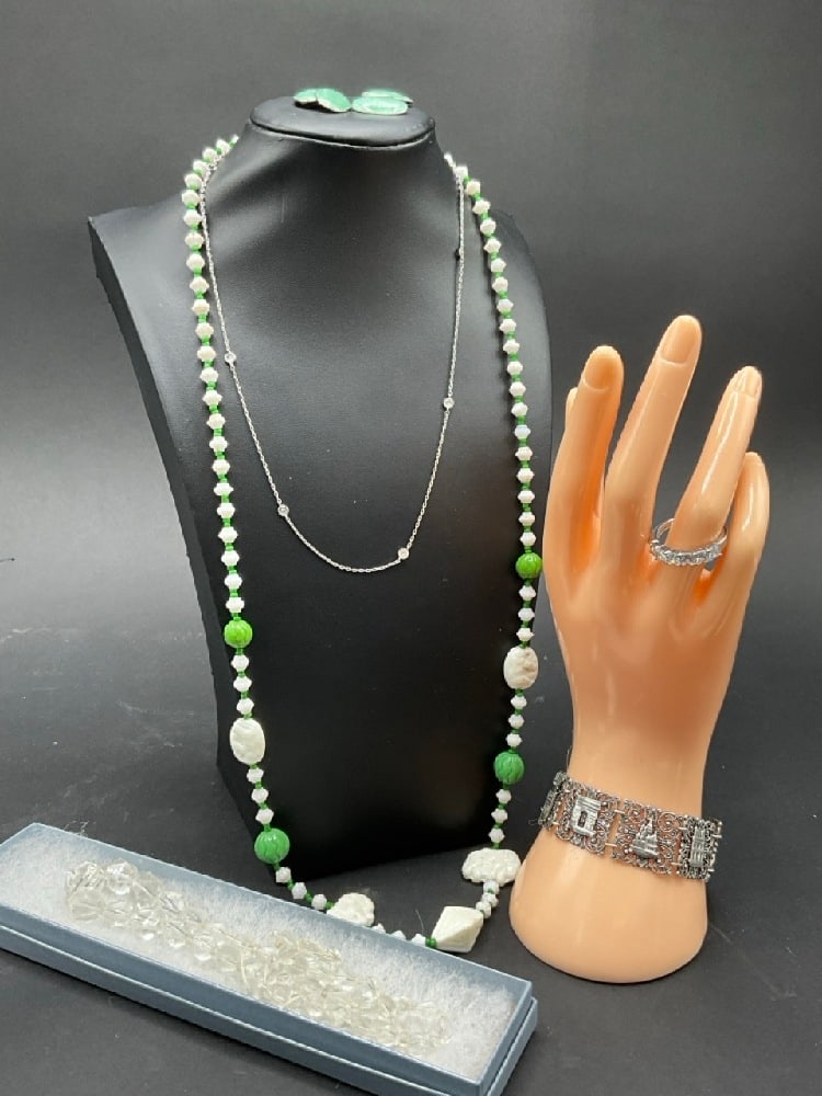 Compiled Costume and Sterling Silver Jewelry Group. 30's Czech necklace, Loose strand of Austrian: Compiled Costume and Sterling Silver Jewelry Group. 30's Czech necklace, Loose strand of Austrian crystal beads, sterling silver bracelet, cz ring, earrings and necklace.
