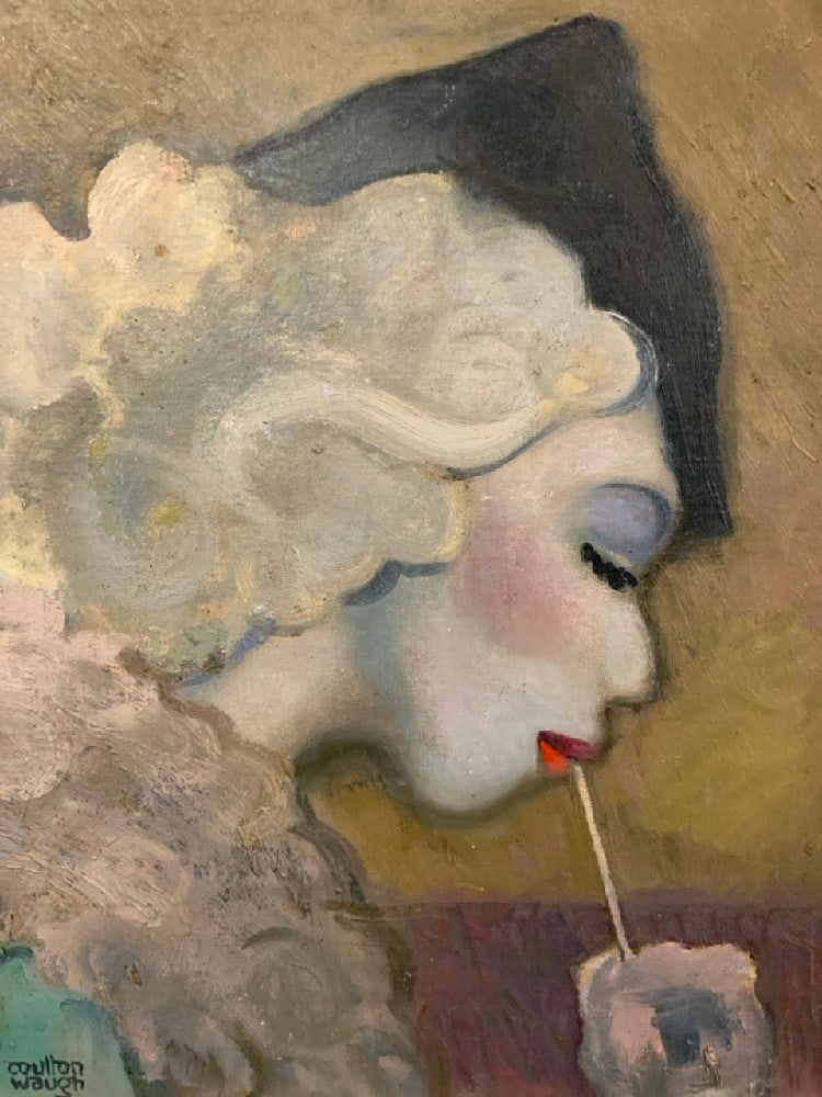Coulton Waugh (American, 1896-1973) Art Deco Painting: Coulton Waugh (American, 1896-1973) Art Deco Female Figure Sipping a Soda.Oil on board. Dimensions: 21 3/4” x 18”