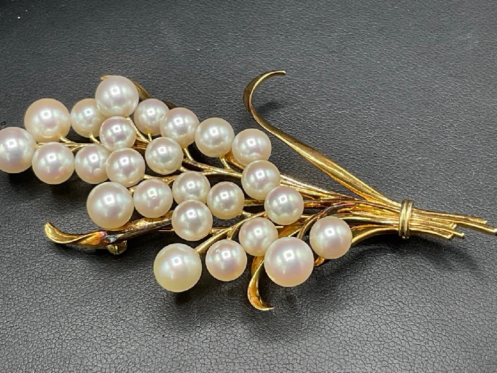 14K Yellow Gold Floral Spray Brooch with Pearls (1 of 4)