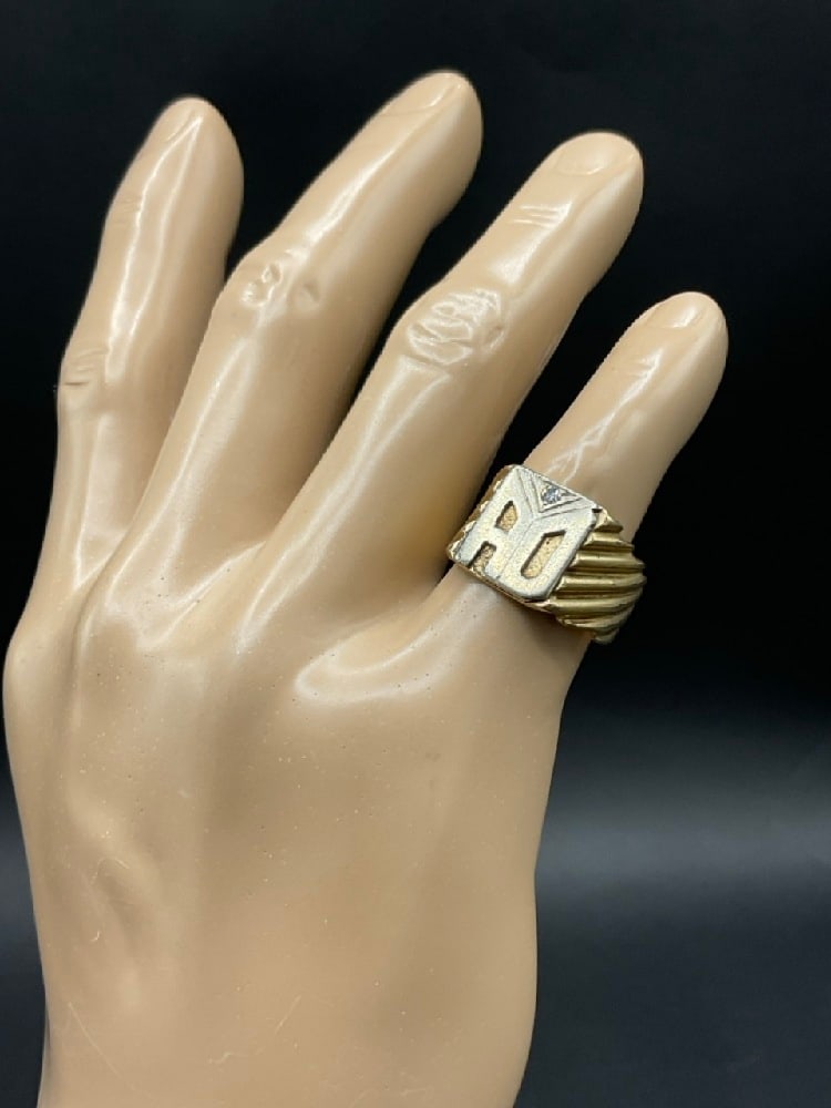 10K Yellow Gold Art Deco "AD" Initial Ring with Diamond: 10K Yellow Gold Art Deco "AD" Initial Ring with Diamond. Total weight: 12.9 grams. Size 12.