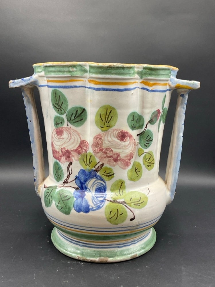 Handpainted Italian Ceramic Vase: Hand Painted Italian Ceramic Vase. 1st Half 20th Century.Good Condition, Please See Preview Photographs ( noted chips)Dimensions: 11” H x 11 1/2” W x 9” D.Provenance: YMCA Frost Vall