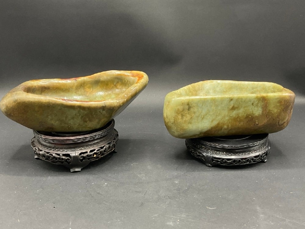 Two (2) Antique Chinese Jade Stone Brush Washer Bowls: Two (2) Antique Chinese Jade Stone Brush Washer Bowls. Good Condition, Please See Preview Photographs Dimensions: 6 1/2” L x 41/2” W x 2 1/2” H, 8” L x 4” W x 2”