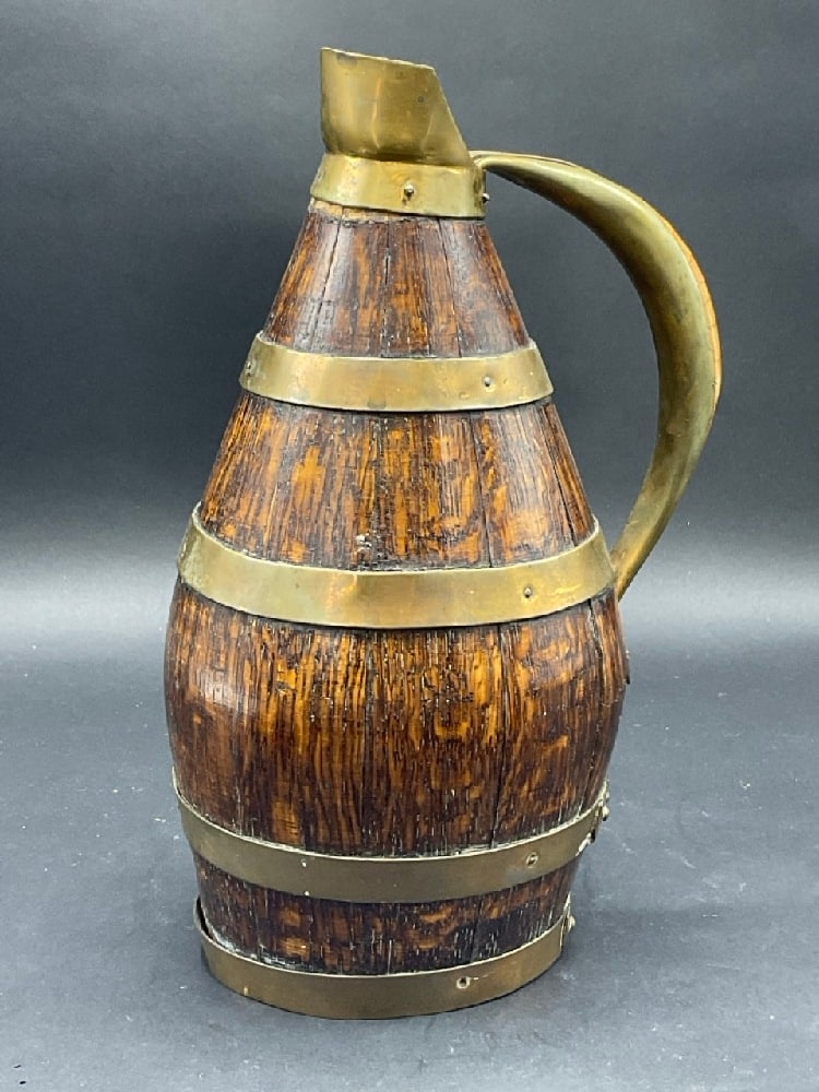 19th Century Oak and Brass Banded Tankard: 19th Century Oak and Brass Banded Tankard. Probably French. Good Condition, Please See Preview Photographs Dimensions: 10”H x 4” D x 6”W to Handle Provenance: YMCA Frost Valley