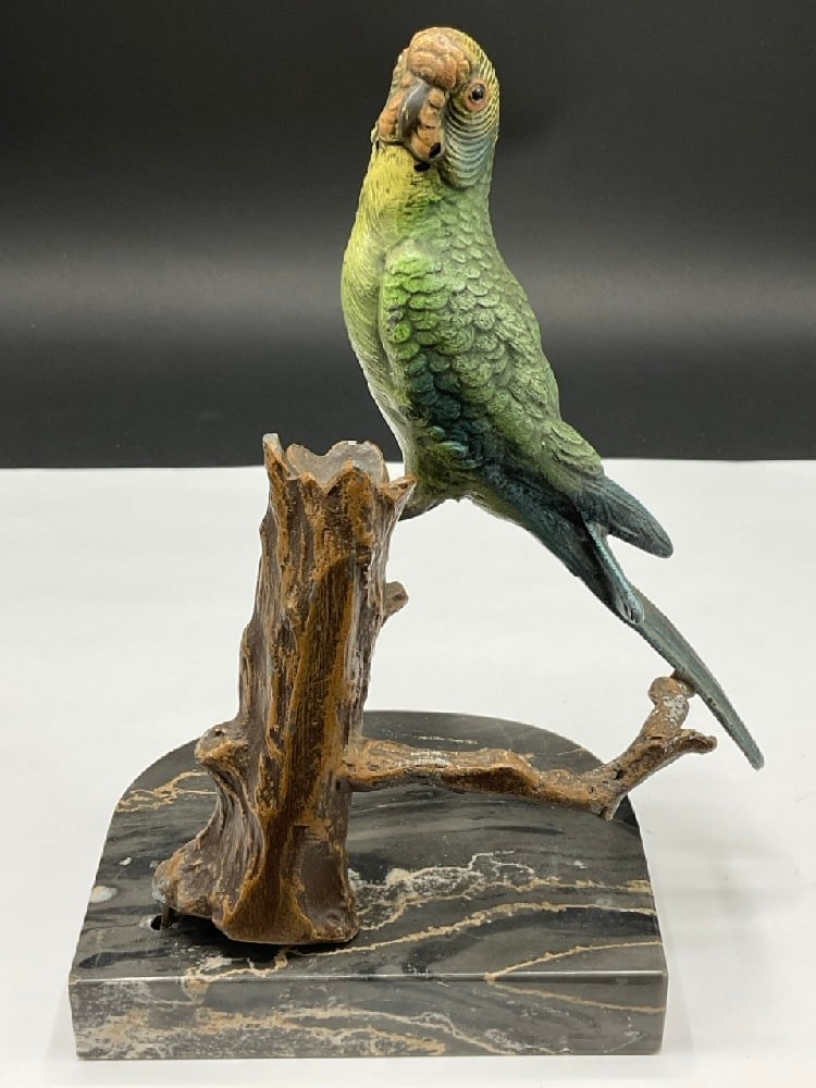Spelter Painted Parrot Perched on Marble Base: Spelter Painted Parrot Perched on Marble Base.Good Condition, Please See Photograph Preview. ( noted tree base is damaged )Dimensions:7”H x 4 1/2 W.Provenance: YMCA Frost Valley Castle
