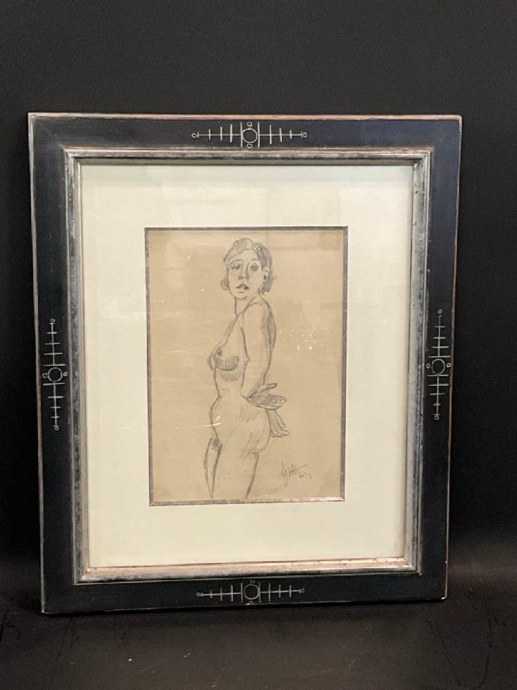 Art Deco French Delf Cadres d'Art Signed Frame w/Illegibly Nude Sketch 1930: c. 1930 Pencil Sketch Nude housed in a french Art Deco frame signed Delf Cadres d'Art "Poisson" style. Dimensions: 12” x 8 1/2” and 21 1/2” x 17 1/2” framed.