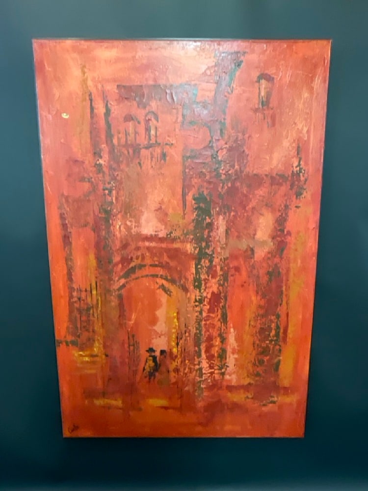 Abstract Large Oil on Canvas Painting Signed Carlo: Abstract Large Oil on Canvas Painting Signed Carlo. Known as Carlo of Hollywood. American, Mid 20th Century. Please See Photograph Preview. ( noted repair top right)Dimensions: 40” W x 61”