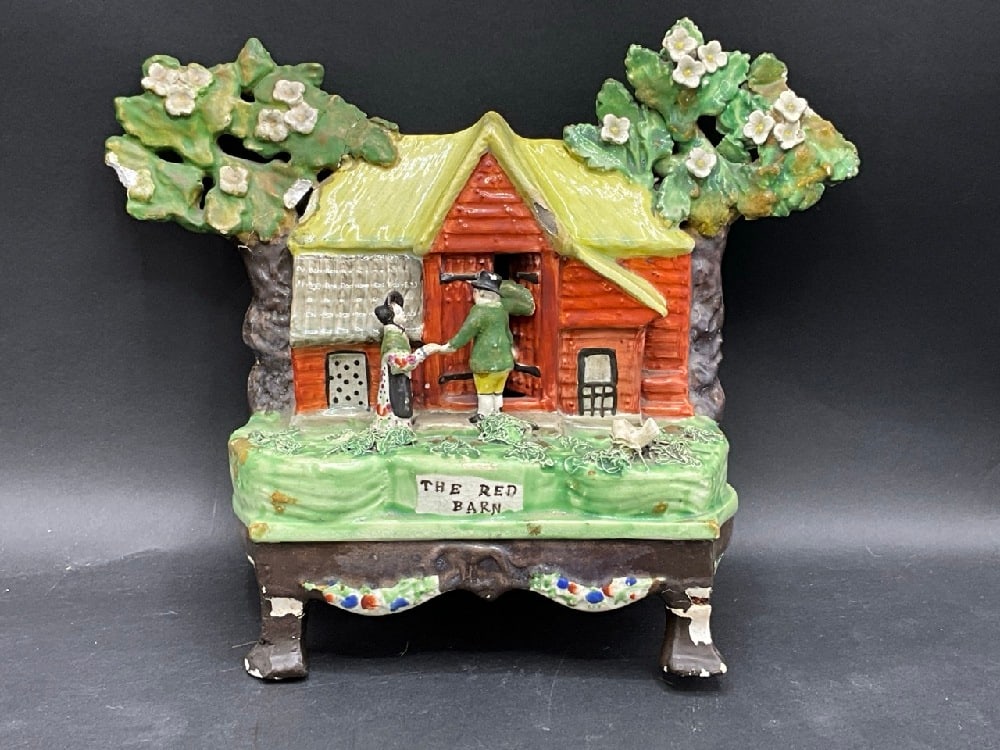 Rare Staffordshire Pottery Group "The Red Barn ": Rare Staffordshire Pottery Group "The Red Barn" Condition: Back foot to base missing, damage to florals. Please see photograph preview. Dimensions: 9 1/2” x 12” x 4 1/2” Provenance: