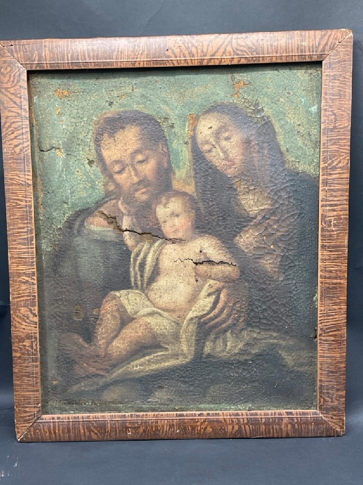 18th Century Mother Mary, Joseph and Jesus Christ Oil Painting (1 of 8)
