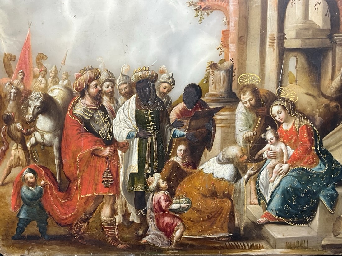 18th/19th c. Oil on Marble Painting The Adoration of The Magi: Flemish Influenced Painting of 'The Adoration of The Magi" Oil on marble. 18th/19th century. Dimensions: 12” x 16” Provenance: YMCA Frost Valley Castle Claryville, New York.