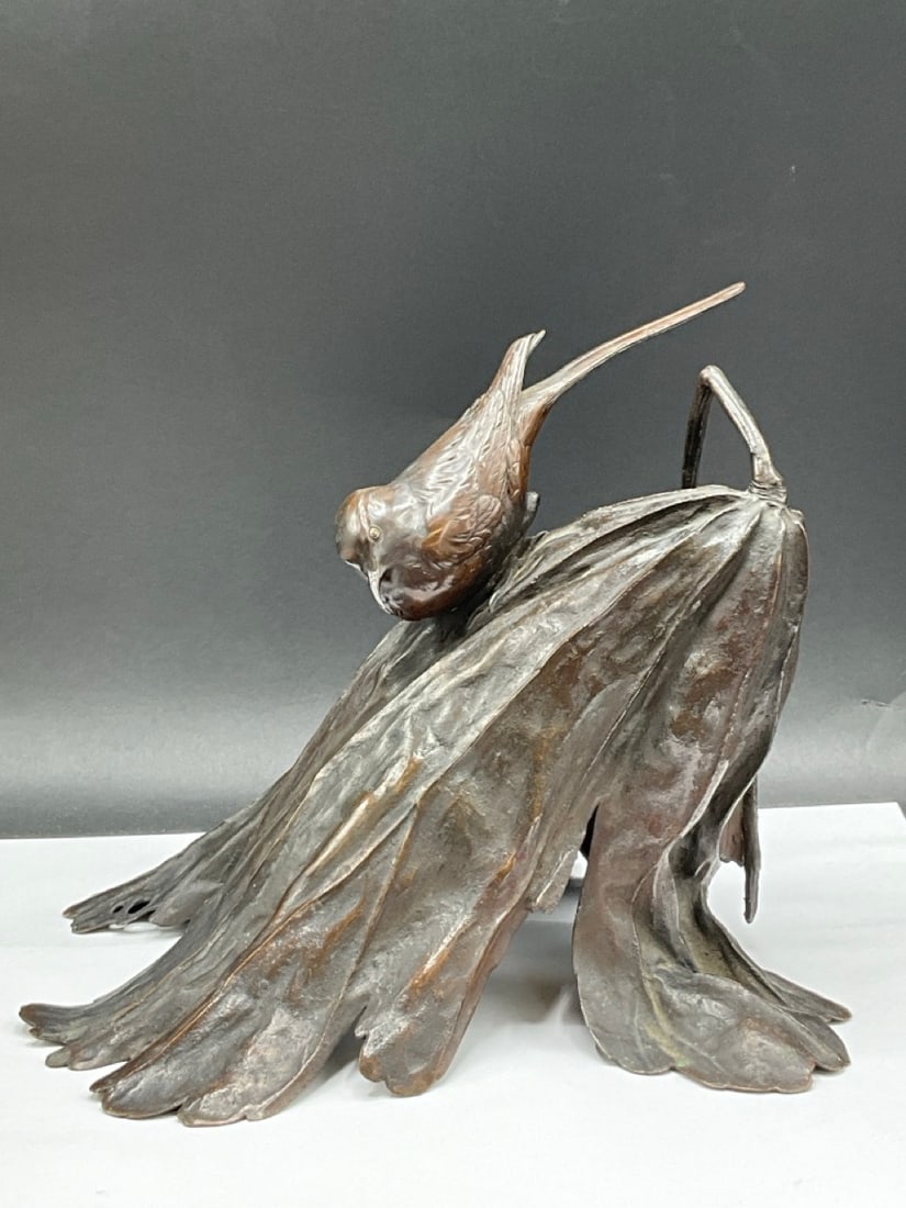 Japanese Meiji Period Organic Bronze Sculpture w/ Bird: Japanese Organic Bronze Sculpture with Bird. Nice even patina. Signed with seal. Please see photograph preview. Dimensions: 8 1/2” x 12” x 11” Provenance: YMCA Frost Valley Castle