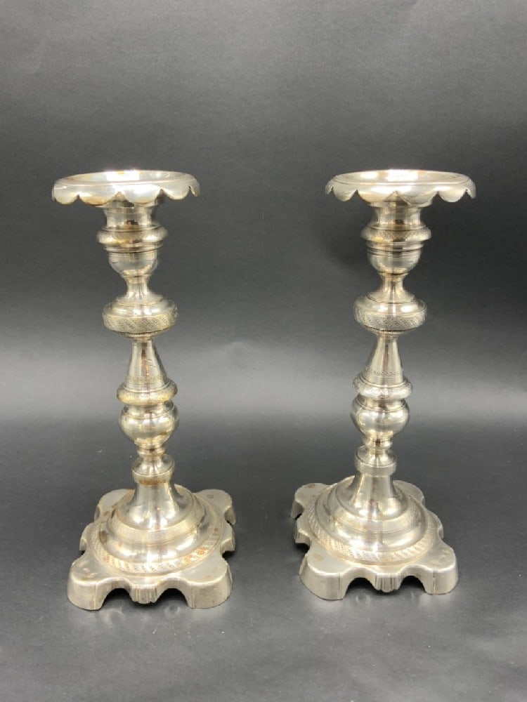 A Pair, Fine Portuguese Hand Wrought .800 - .850 Silver Banded Candlesticks: Fine Portuguese Hand Wrought .800 - .850 Silver Banded Candlesticks 808 g/ 25.98 t oz. Dimensions: 8” x 3 1/2”