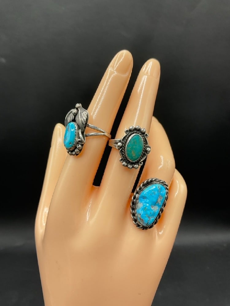 Three (3) Navajo Sterling Silver Turquoise Rings (1 of 4)