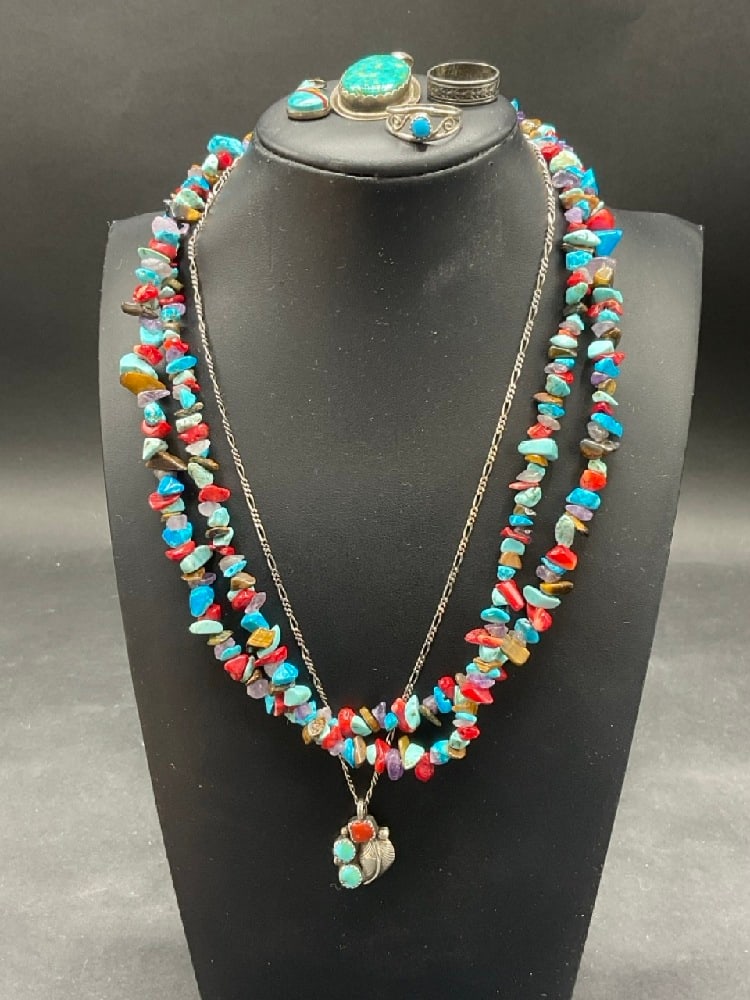 Compiled Sterling Silver and Indian Turquoise Jewelry Group: Compiled Sterling Silver and Indian Turquoise Jewelry Group. As seen in photograph preview.
