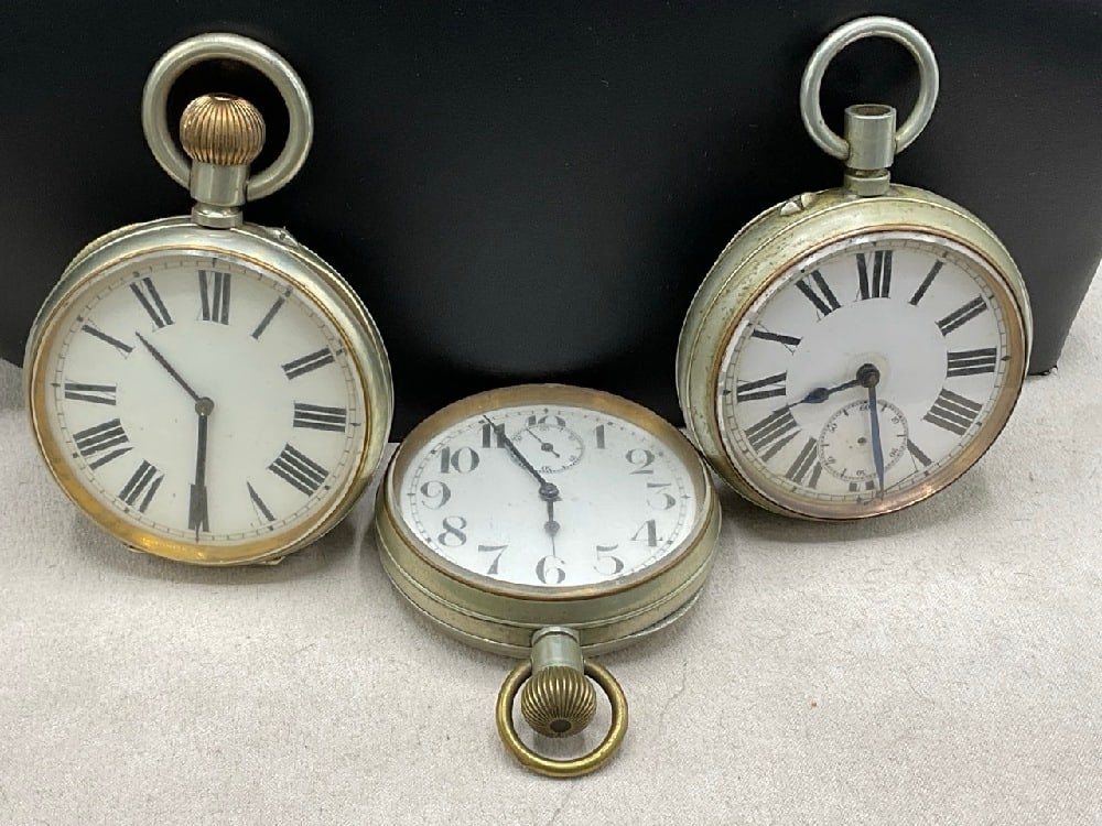 Three (3) Large Antique Silvertone Pocket Watches: Three (3) Large Antique Silvertone Pocket Watches. Not Tested. Dimensions: 2 1/4" X 3 1/4" L.
