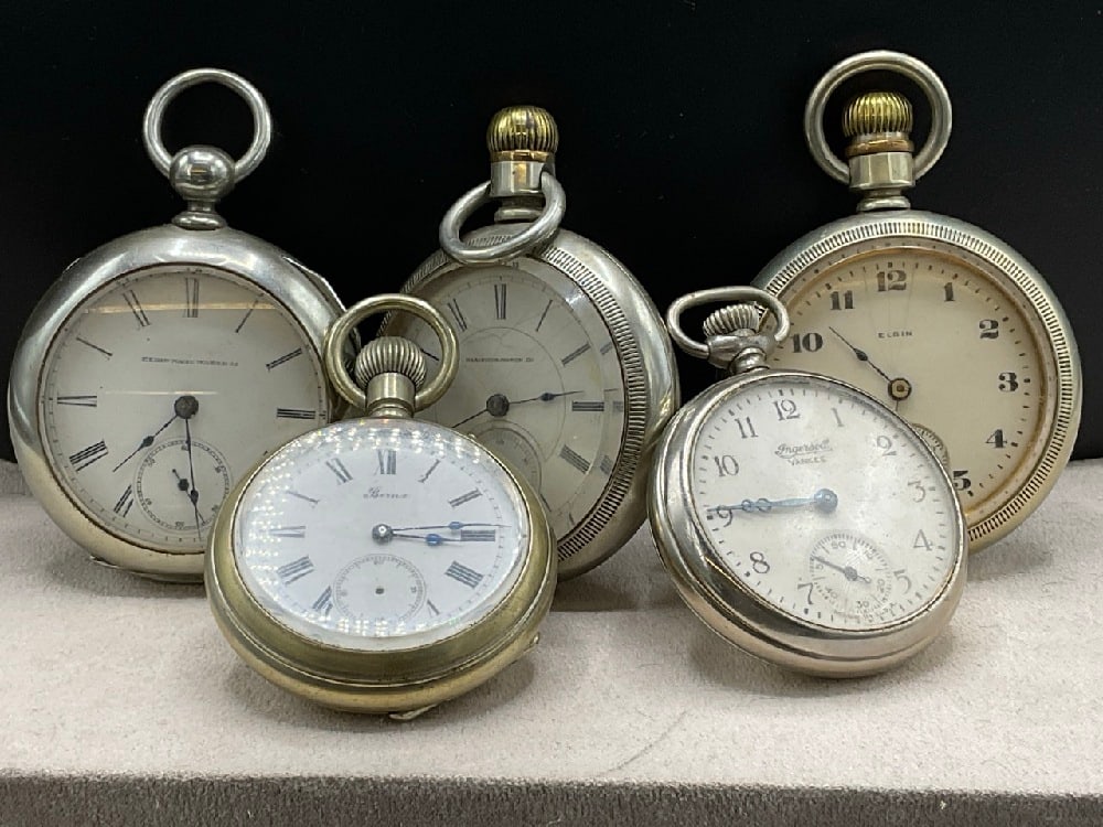 Five (5) Estate Compiled Pocket Watches: Five Pocketwatches Elgin Natl Watch, Ingersoll Yankee, Hameden Watch Co.,Berna, ElginGood Condition, Please See Preview Photographs Dimensions,2”- 2 1/2” D