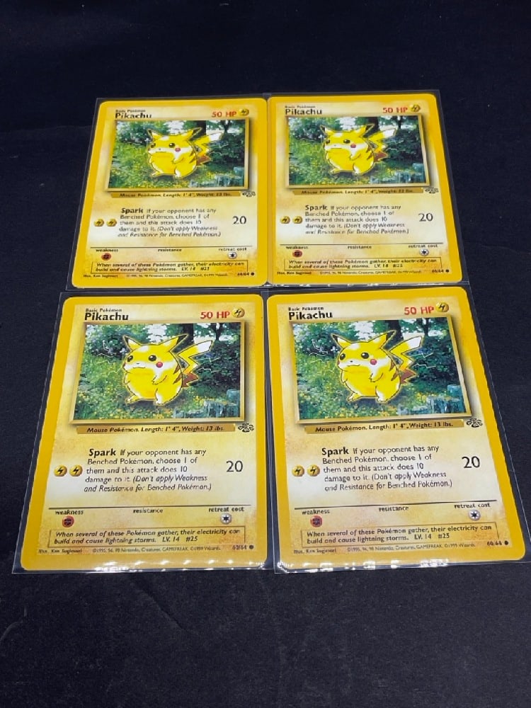 Estate Found Four (4) Pokémon Red Cheek Pikachu Cards: Four (4) Pokémon Red Cheek Pikachu Cards. As seen in photograph preview.