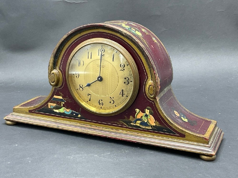 Grimshaw, Baxter and Elliot for Tiffany & Co. English Chinoiserie Mantel Clock: Grimshaw, Baxter and Elliot for Tiffany & Co. English Chinoiserie Mantel Clock. 7 Jewels, Swiss Movement. Working order. Dimensions: 8" X 12"