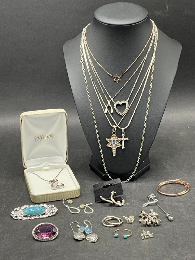 Sterling Silver Jewelry Lot with Mickey and Minnie Mouse Charms. Several necklaces, pins etc. As (1 of 5)