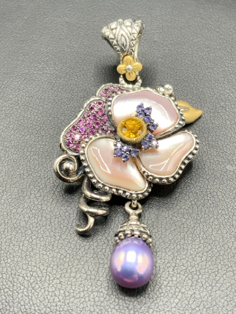 Barbara Bixby 18K Gold and 925 Sterling Silver Flower Pendant w/ Topaz, Citrine, Pearl , and MOP.: Barbara Bixby 18K Gold and 925 Sterling Silver Flower Pendant w/ Topaz, Citrine, Pearl , and MOP. Total Weight 14.5 grams.