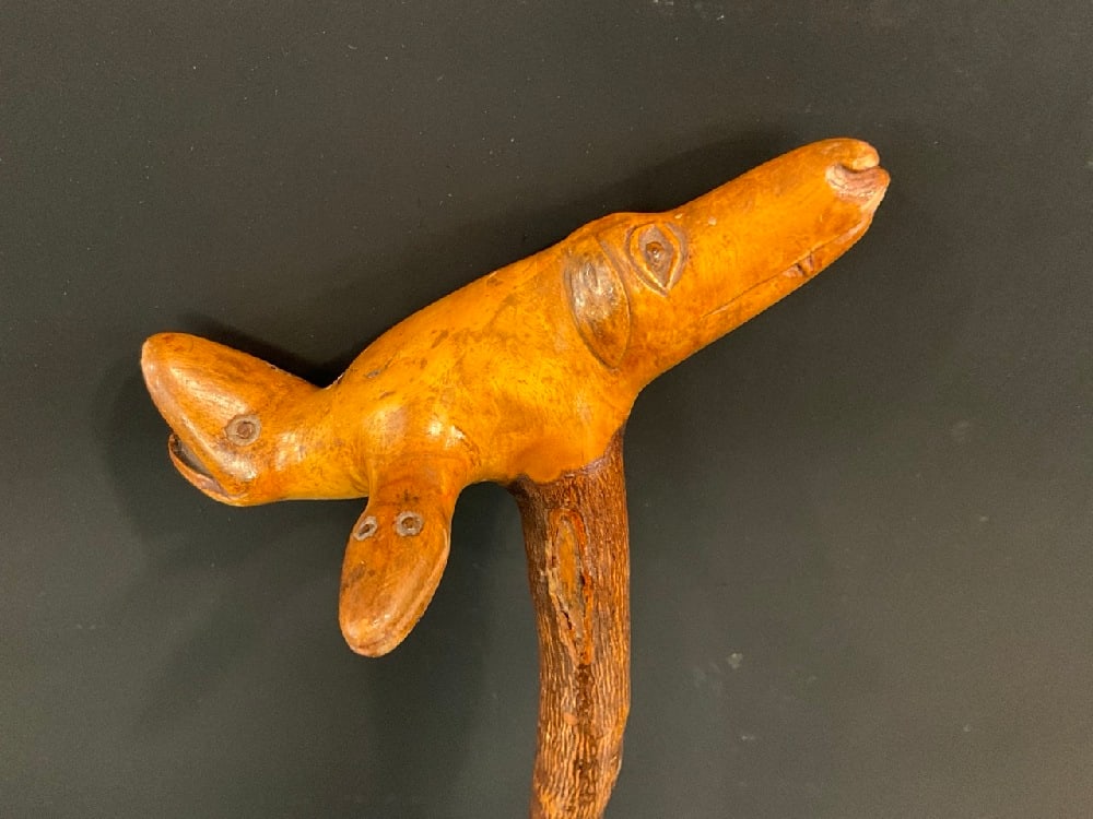 Folk Art Antique Hand Carved Fish/Dog Handled Cane.Dimensions: 37 (1 of 4)