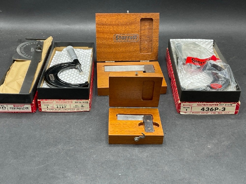 Machinist-Tool- Starrett Micrometers, Protractors and Precision Squares: Starrett Micrometers, Protractors and Precision Squares. Micrometers 436P and 436P-3, Protractor No.183, Squares No. 20