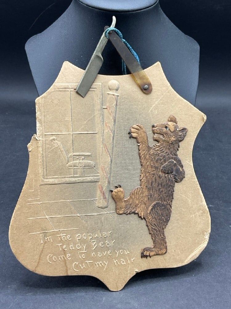 RARE Early 1900's Barber Shop Advertising Teddy Bear and Straight Razor. Hanging Note Pad. Barber (1 of 7)