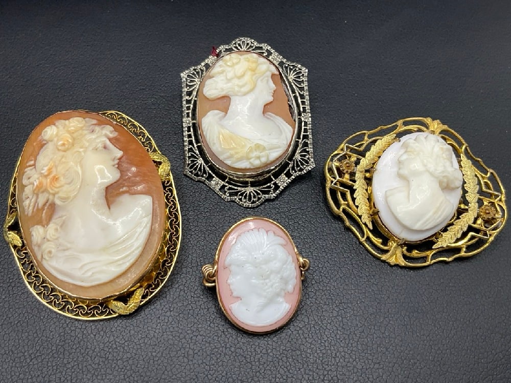 Four (4) Antique Cameos Brooch Pins.One (14k) Cameo used as a pendant is missing Pinback, 10K White (1 of 9)