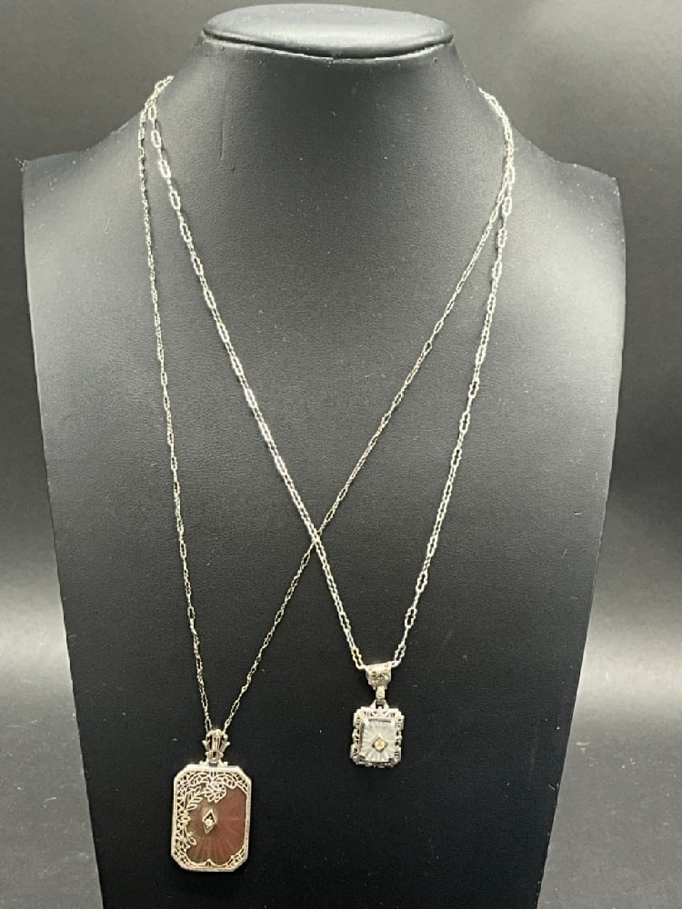 Two (2) Sterling Silver Camphor Glass Necklaces : Two (2) Sterling Silver Camphor Glass Necklaces. Dimensions: 17” and 18” and 1 1/4” largest.