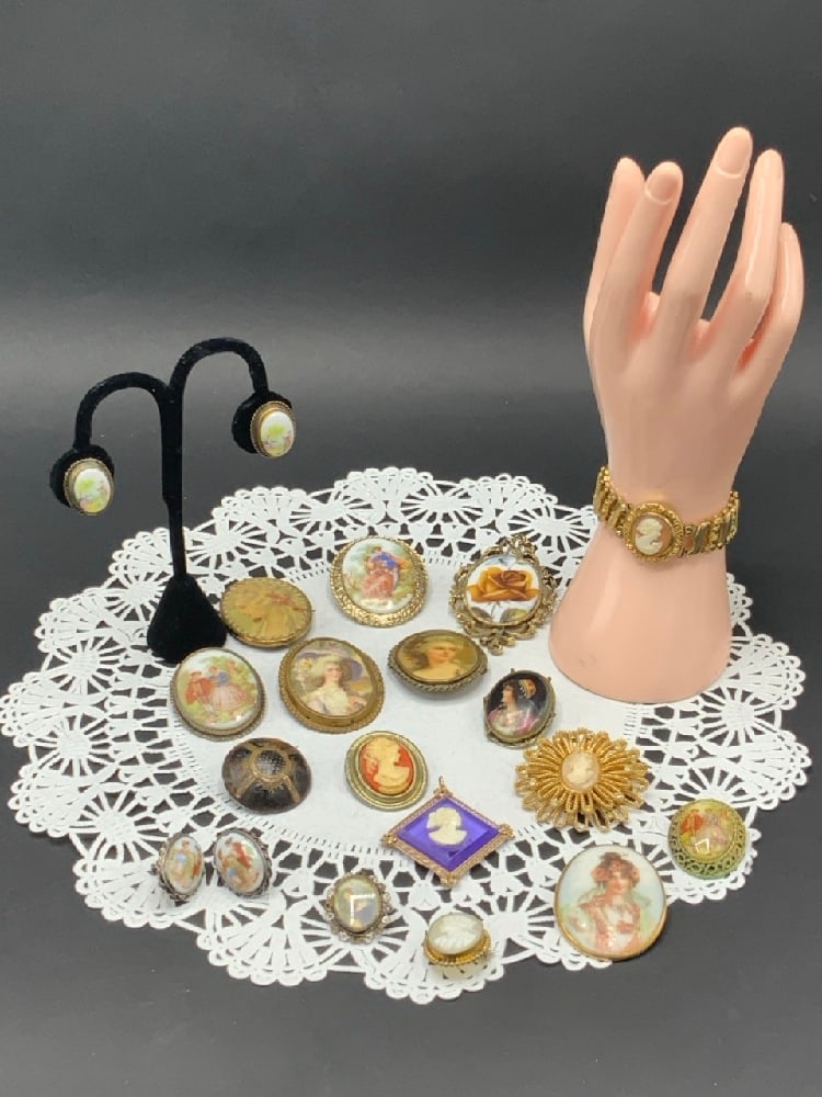 Antique and Vintage Cameo and Portrait Brooch/Pin Lot. Hand painted portrait pins, cameo earrings (1 of 6)
