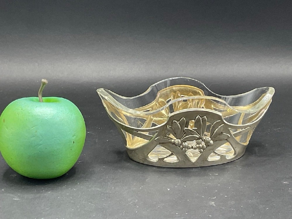 Art Nouveau 800 German Silver Dish: Art Nouveau 800 German Silver Dish with glass insert. Dimensions: 6 1/4” x 3 1/2” Total weight: 65 grams or 2.09 Troy ounces.