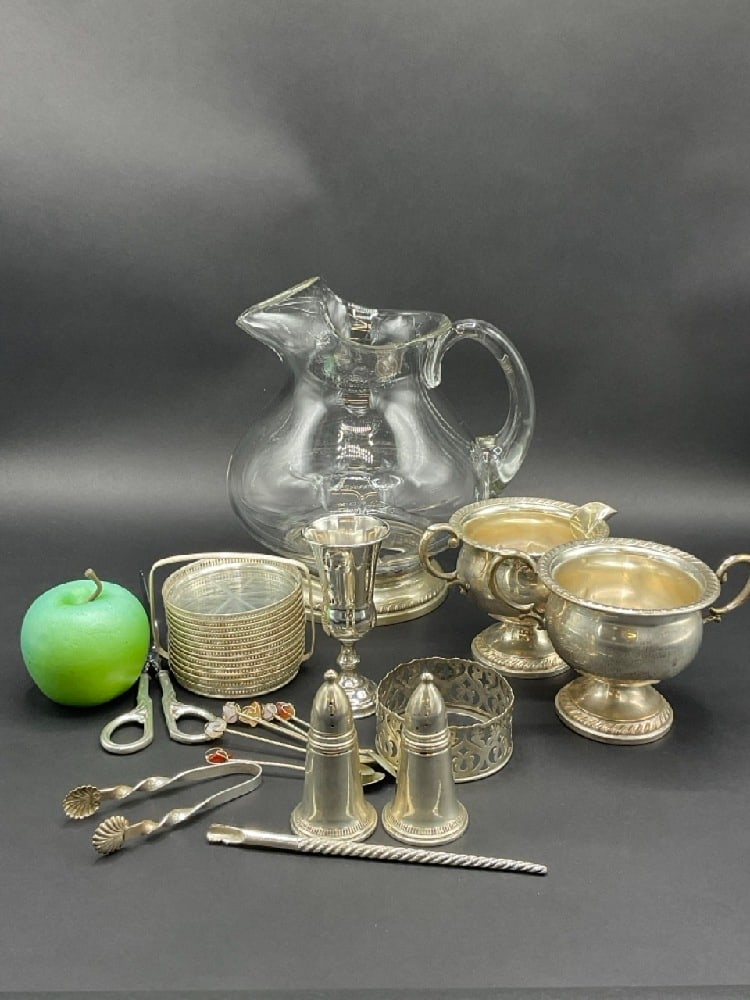 Estate Compiled Sterling Silver Table Wares: Estate Compiled Sterling Silver Table Wares and Miscellaneous. Weighted sugar and creamer, salt and pepper, coasters with stand, shell form sugar tongs, Russian Kiddish cup, sterling silver mounted pi