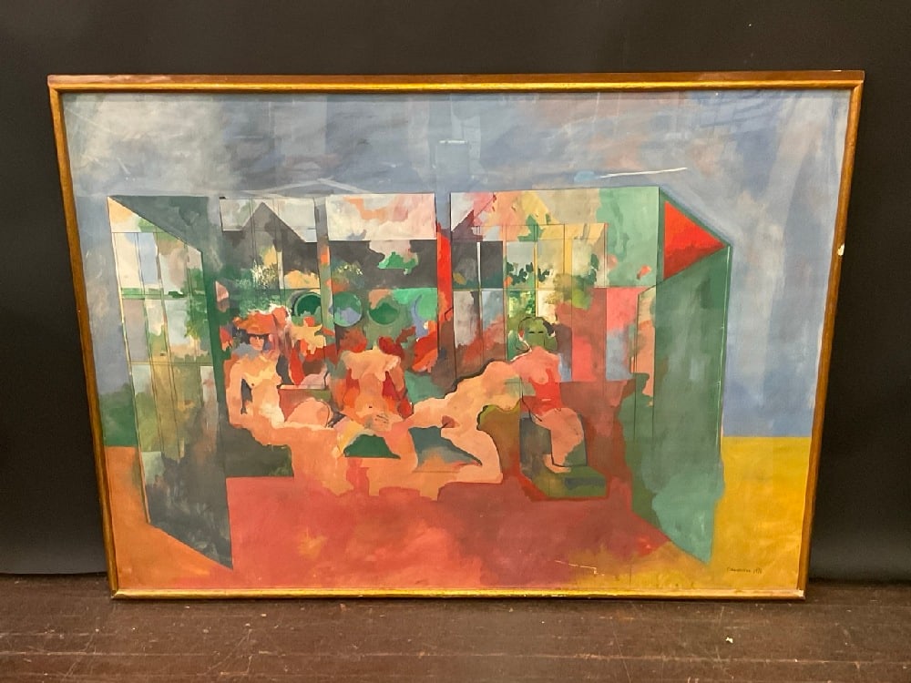Franco Colavecchia (American, B. 1937) Figural Nude Scene: Franco Colavecchia (American, B. 1937).Untitled: Figural Nude Interior Scene.Medium: Watercolor on paper. Dimensions: 43 1/2" X 60" and 45 1/2” x 62” framed.