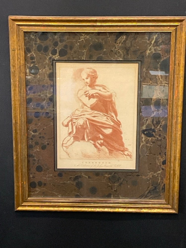 Madonna and Child Sepia Toned Print After Correggio: Madonna and Child Sepia Toned Print After Correggio. Housed in a decorative antique faux marblelized glass frame.Dimensions: 10 1/2” x 7 3/4” and 19” x 16” framed.