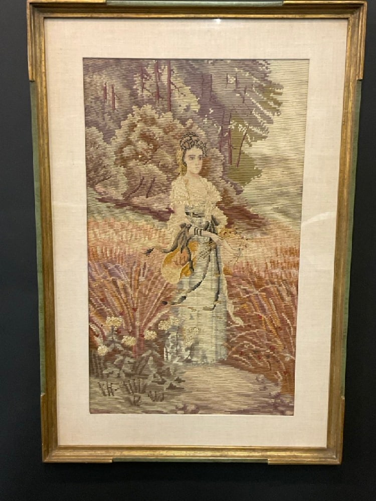 Needlepoint Work "Maiden in The Fields" Framed: Needlepoint Work "Maiden in The Fields" Framed. Early 20th century.Dimensions: 22 1/2” x 13 1/2” and 29” x 19 1/2”