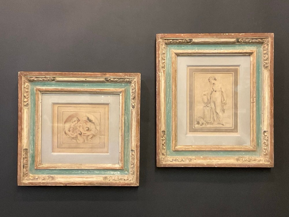 A Pair of Signed House of Heydenryk Carved Wood Frames: A Pair of Signed House of Heydenryk Carved Wood Frames with two (2) artworks.Prints- Francesco Bartolozzi/Giovanni Battista Cipriani and Richard Cosway. Dimensions: 21 1/2” x 19” and 11