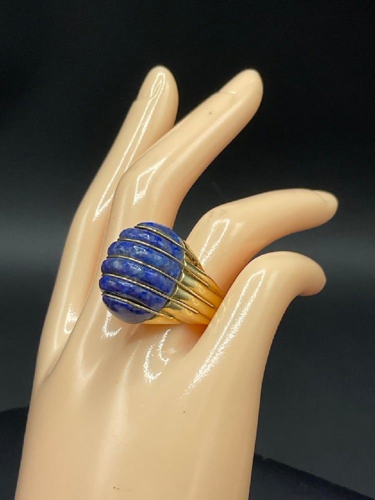 14K Yellow Gold Modernist Design Large Lapis Lazulli Ring: 14K Yellow Gold Modernist Design Large Lapis Lazulli Ring. Size 7.5. Total weight: 19.11 grams.