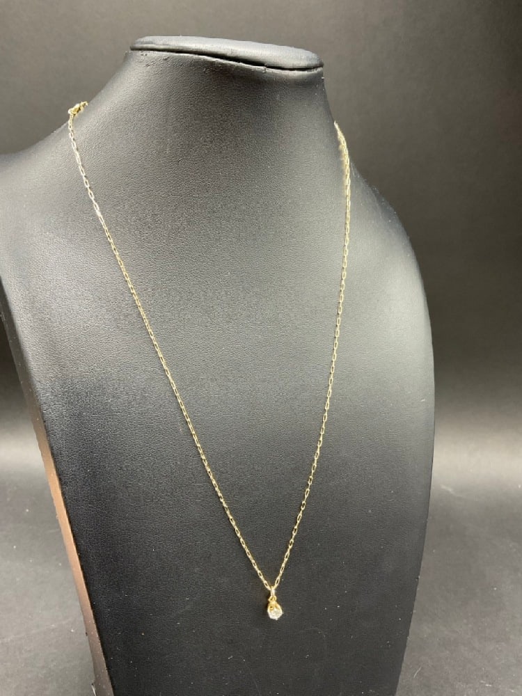 14K Yellow Gold Necklace with Diamond Solitaire Pendant: 14K Yellow Gold Necklace with Diamond Solitaire Pendant. Total weight: 1.25 grams. Dimensions: 1/4 ct. and 18" chain length.