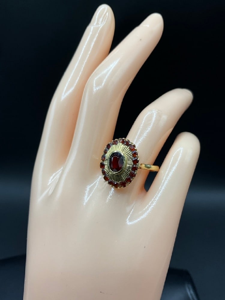 18K Yellow Gold Oval Cut Garnet Sunburst Ring (1 of 5)