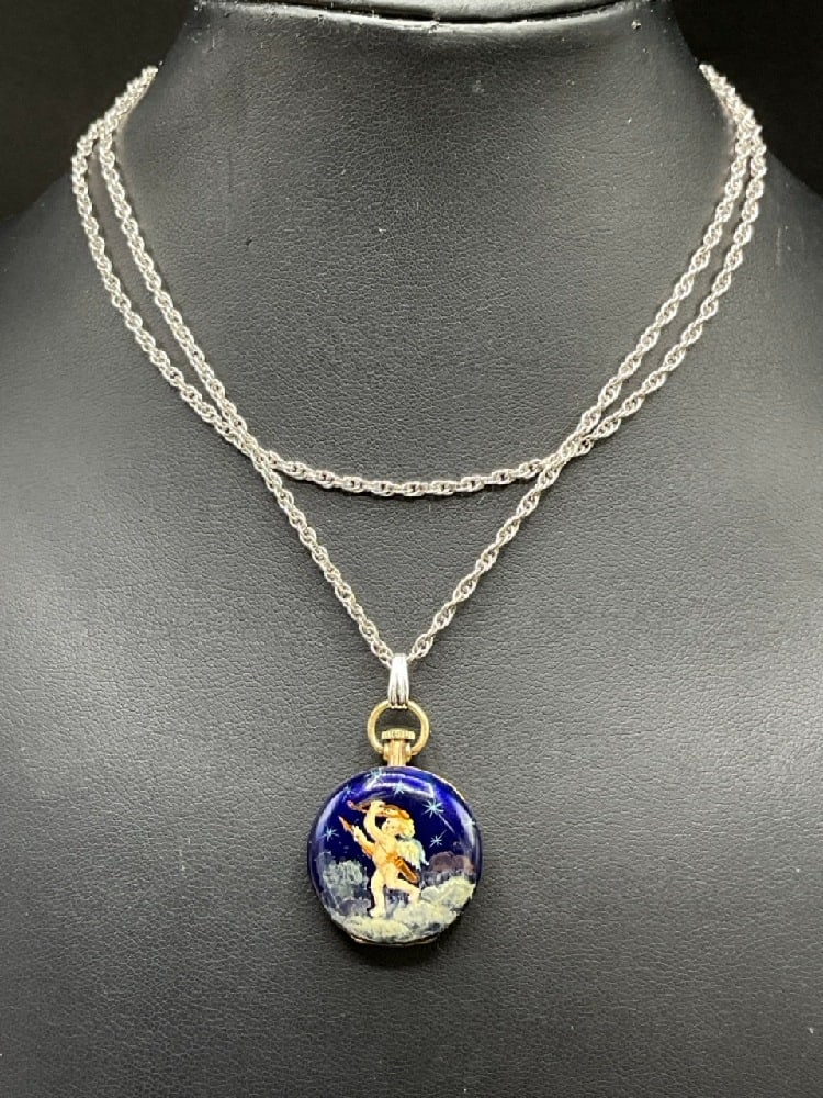 Antique 18K Gold, Sapphire and Diamond Swiss Pocket Watch Pendant.: Antique 18K Gold, Sapphire and Diamond Swiss Pocket Watch Pendant.A fancy pendant with swiss watch movement, having a bezel bordered with diamonds and blue sapphires. Backing is an enamel painting of 