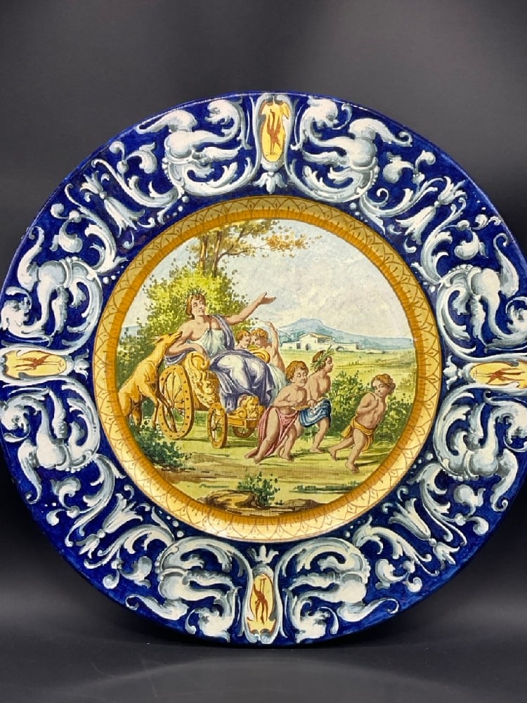 Large Italian Majolica Hand Painted Ceramic Charger: Large Italian Majolica Hand Painted Ceramic Charger. Signed reverse with Initial "M" and five pointed crown. Dimensions: 20” x 1”