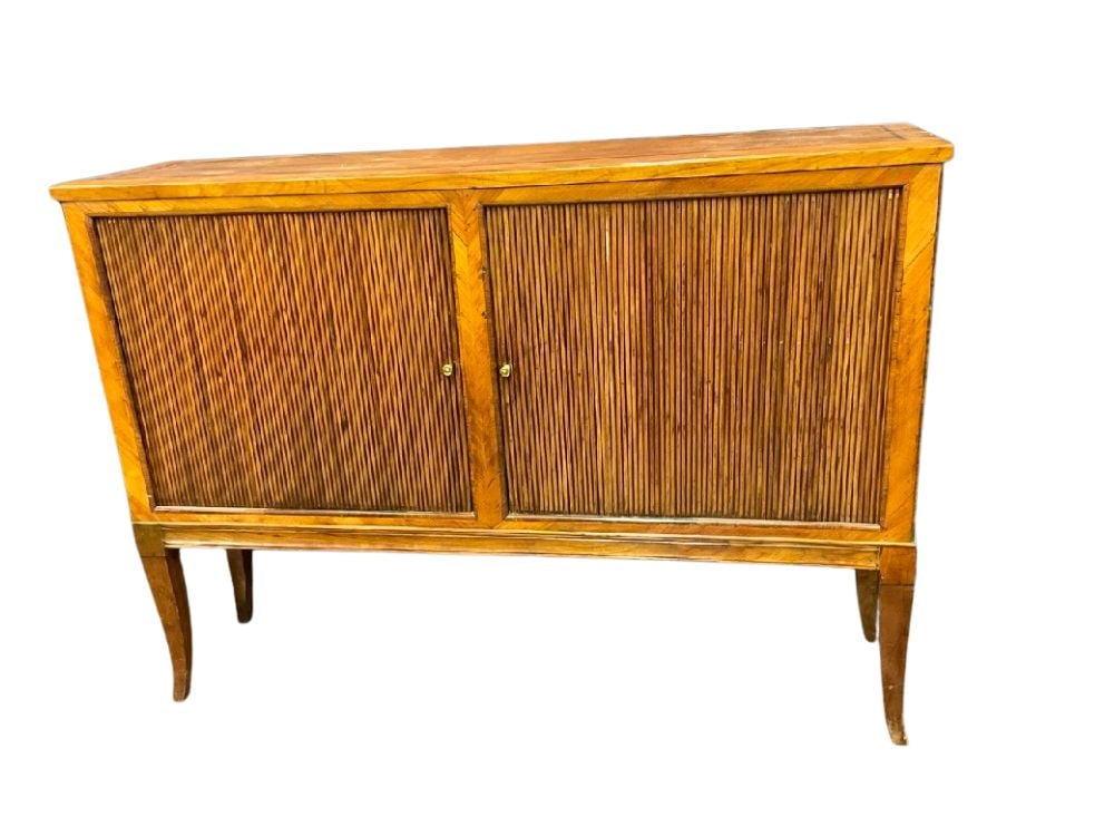 18th/19th Century Louis XVI Style French Tambour Two (2) Door Cabinet: 18th/19th Century Louis XVI Style French Tambour Two (2) Door Cabinet. Polished marquetry banded inlay top with two sliding doors set on splayed legs. Dimensions: 35” x 48 1/2” x 13 1/4&rd