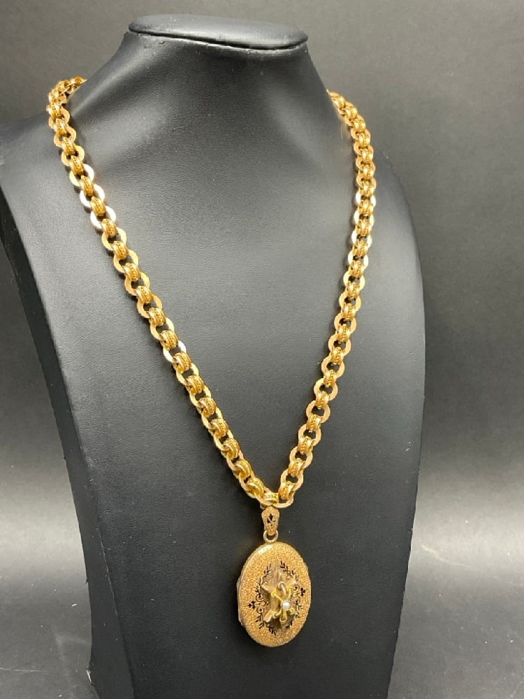 Victorian 10K Yellow Gold Necklace and Black Enameled Locket (1 of 8)
